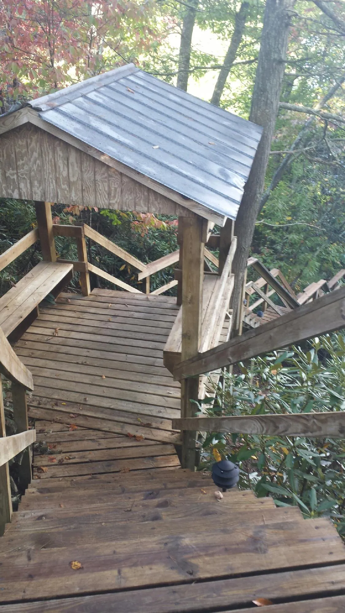Metal roofed shelter over wooden steps on a wooded walkway — Skylight Repair & Installation work by our crew in Elba