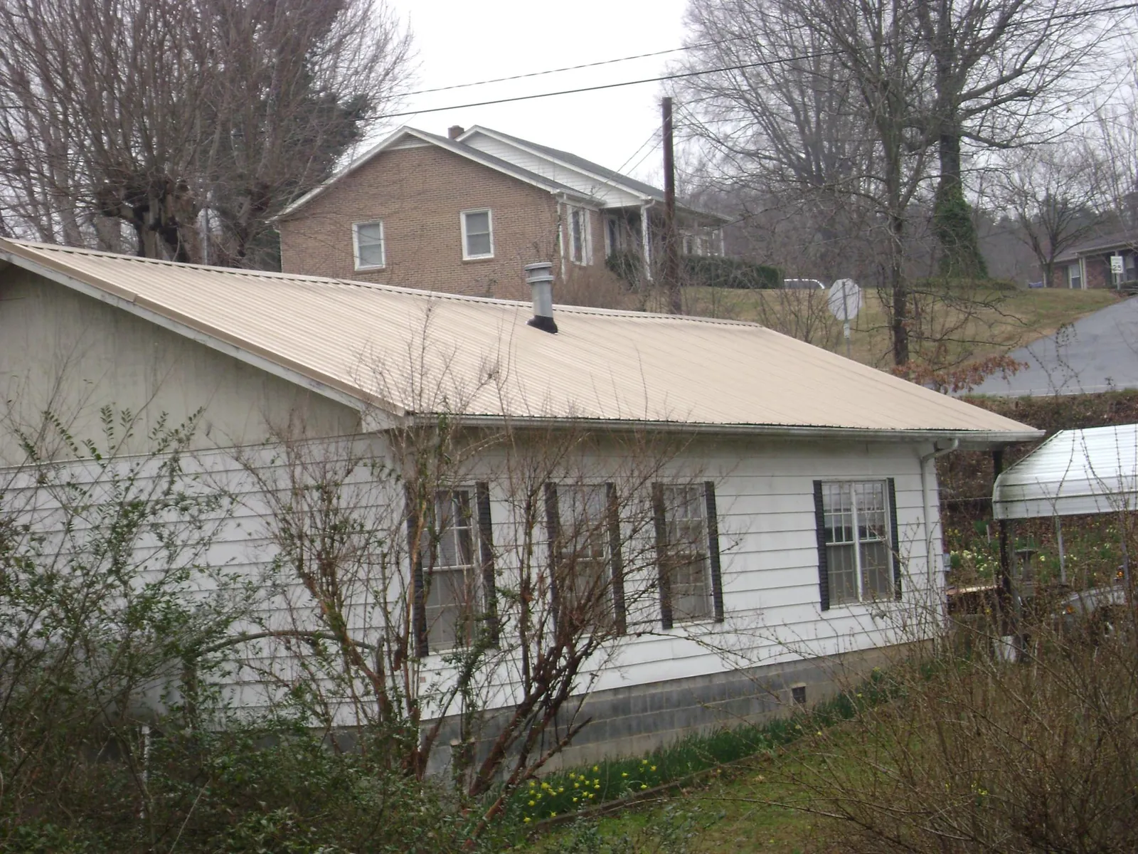 Tan metal roof on a white sided house set into a hillside — Commercial Roofing by Roofing Brothers in Elba